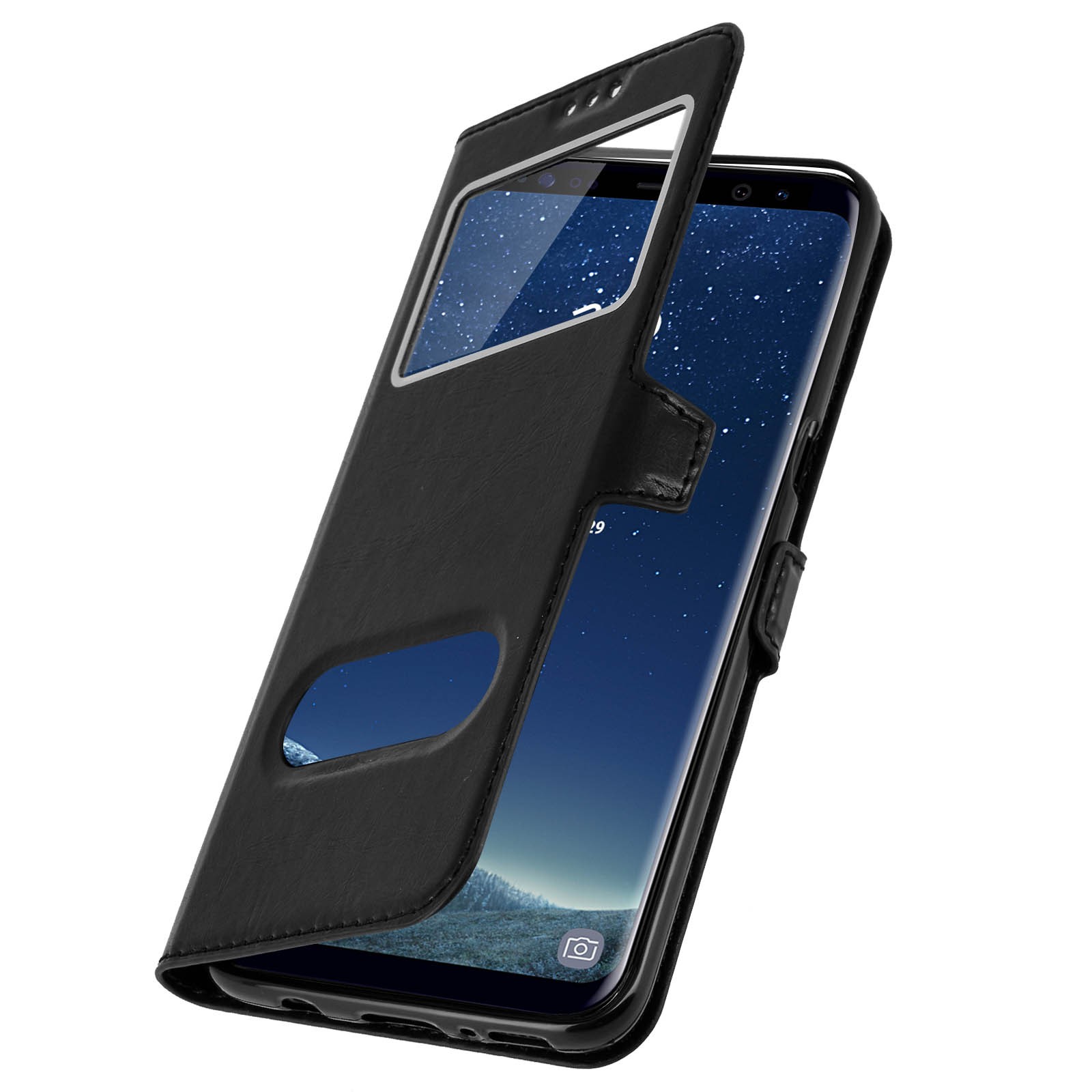 Coque Galaxy S8 idéale pour le train avec son clapet double fenêtre et béquille de lecture