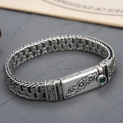 Echt S925 Sterlingsilber Herren 11 mm Vintage geschnitzt Blattgewebe Gliederarmband Geschenk