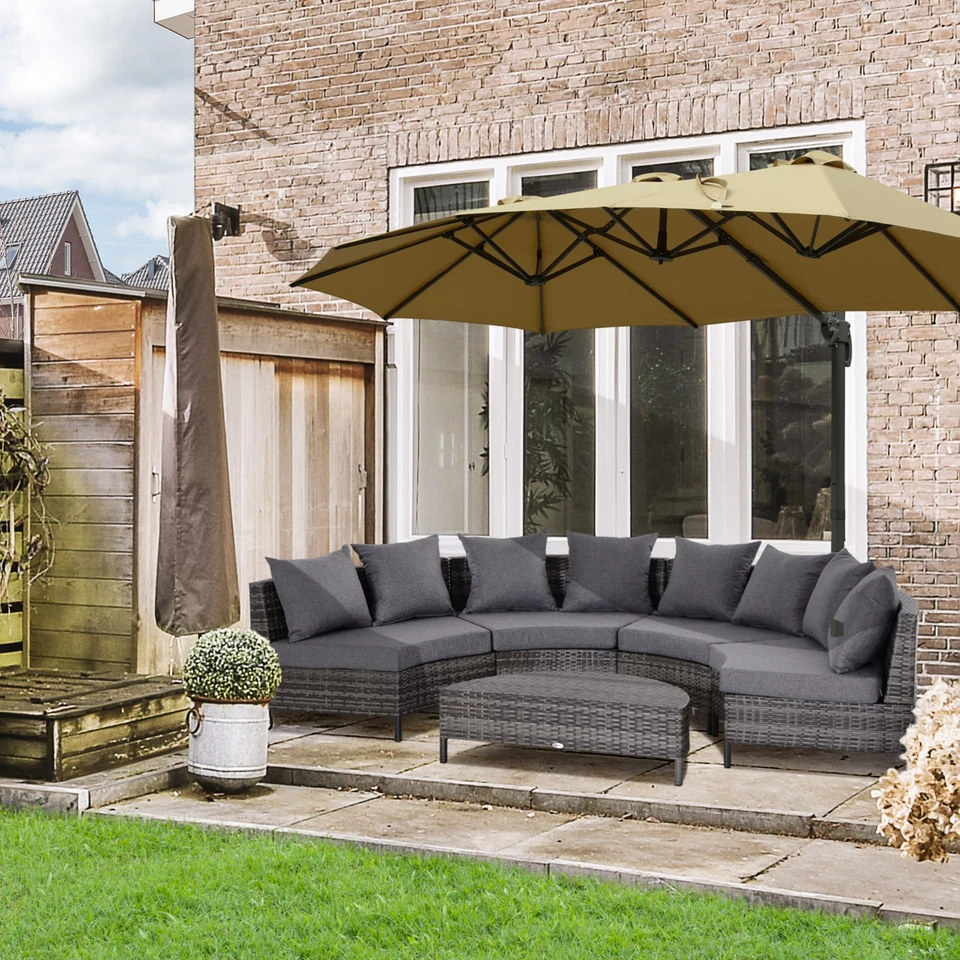 Garden Rattan Furniture 4 Seaters Half-round Patio Outdoor Sofa & Table - Grey - Image 1 of 4