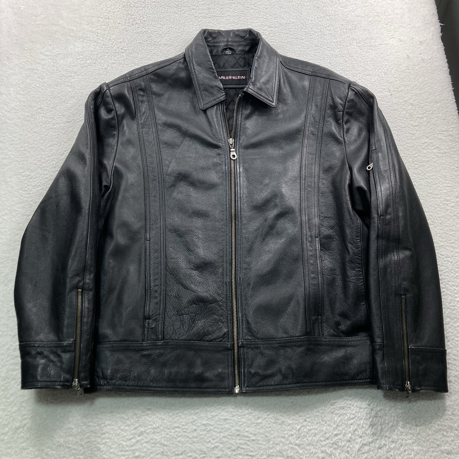 Vintage Charles Klein Leather Jacket Men XL Black Quilted Lined Zip Bomber Moto