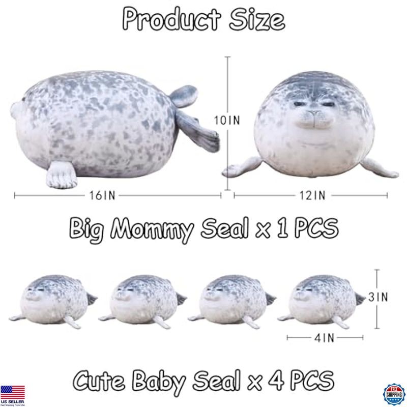 SQEQE Chubby Seal Plush Pillow & 4 Baby Seal Stuffed Toys – Ideal Kids' Gift!