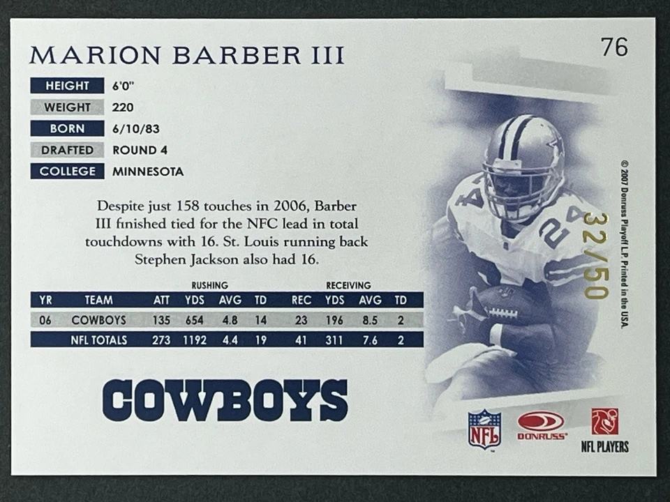 2007 Donruss Threads Marion Barber III Gold Holofoil /50 #76 Dallas Cowboys - Image 2 of 3