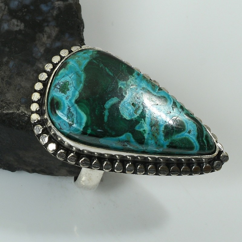 Azurite In Malachite Gemstone Ethnic Handmade Ring Jewelry US Size-6.75 AR 60948