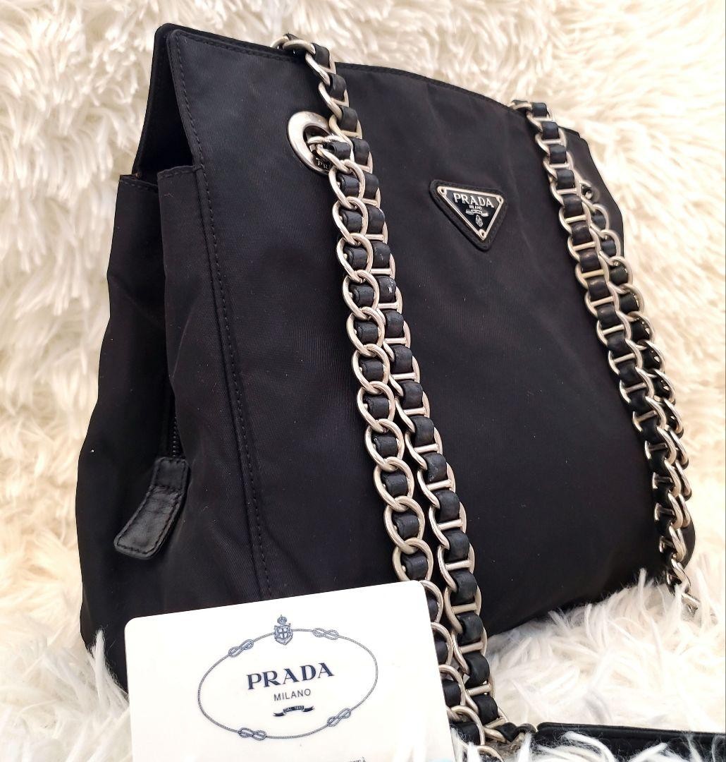 Prada Black Chain Shoulder Bag with Triangle Logo for Women