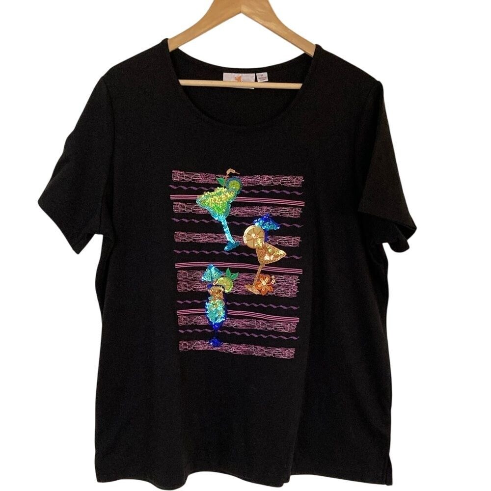 Quacker Factory Short Sleeve Shirt Womens Size 1X Black Sequins Cocktails