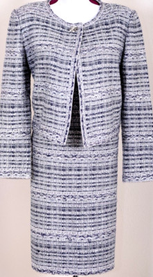 ST.JOHN Women's 2Pc. Tweed Blue Metallic Silver Navy Shimmer Jacket & Dress Sz 6