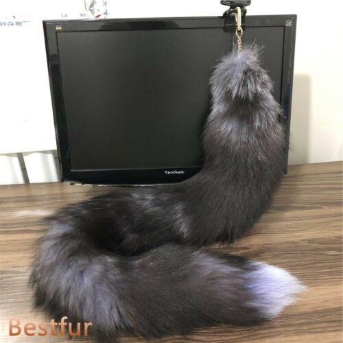 28"47"39" Long Real Silver Fox Fur Tail Real Fox Fur Keyring Party Cosplay Toys  - Picture 1 of 2