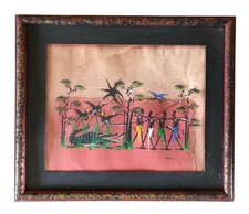 Original African Folk Art Painting Congo Tribal Hunt Crocodile Framed Signed