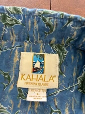 Kahala Hawaiian Shirt Fishing Marlin Swordfish Blue Green Fish Boats Hawaii USA