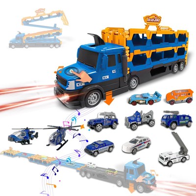 2-in-1 Transforming Truck Spielzeug Set Polizei Die-Cast Autos Autotransporter Spielset Licht