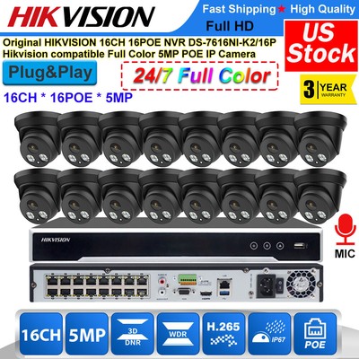 NEW Hikvision 16CH CCTV System 5MP 16 POE NVR MIC Full Color black IP Camera lot
