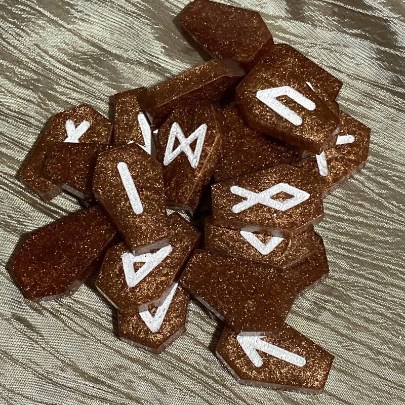 Coffin Shaped Coppery Shimmer Resin Rune Stones, Elder Futhark