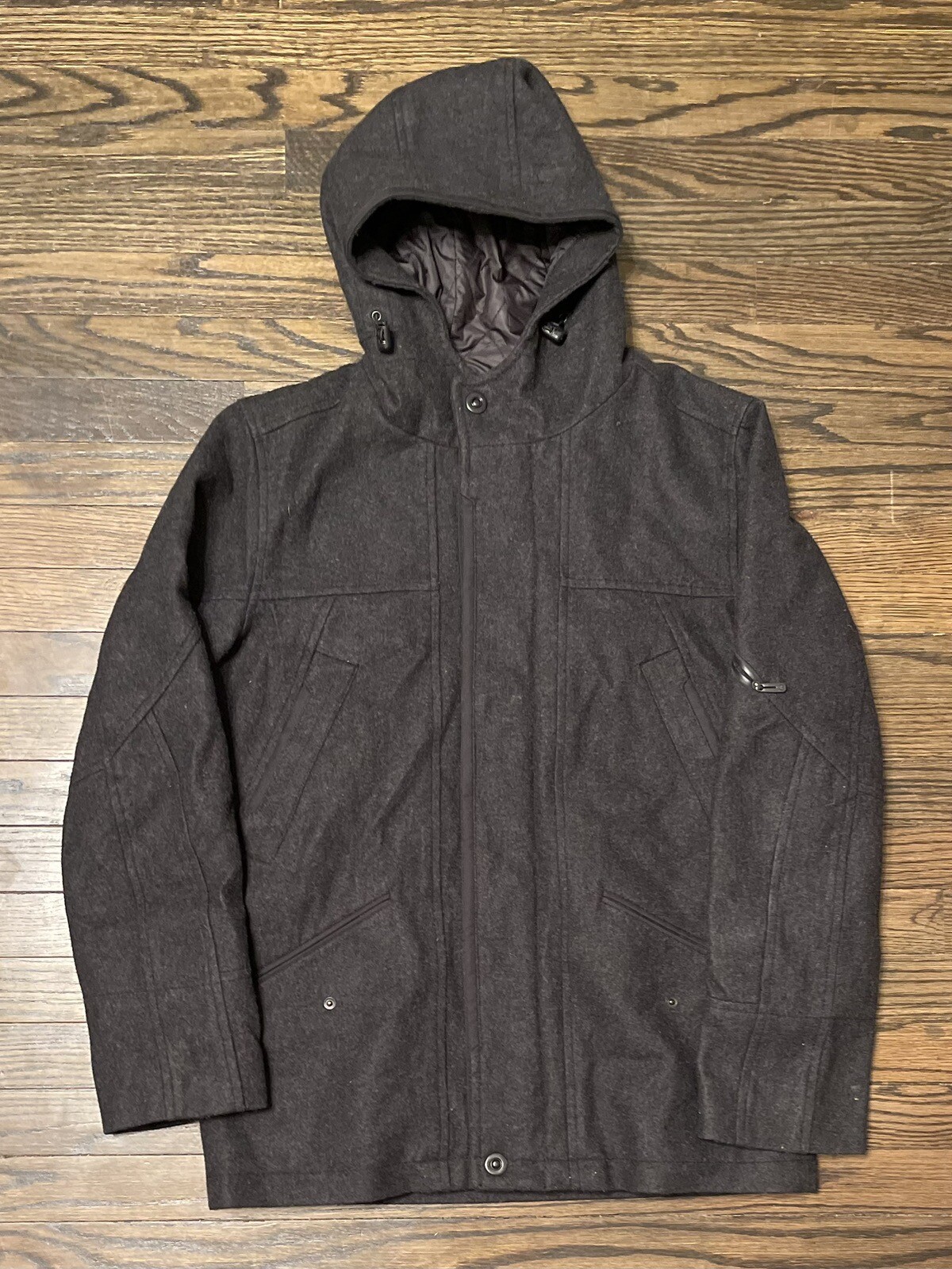 Tumi Tech Wool Blend Coat For Men - Size Medium - Black / Grey - Hooded