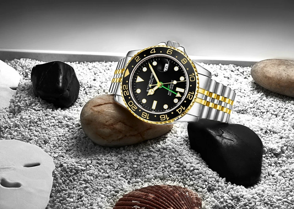 Stuhrling Aqua-Diver 3968 石英男士腕表 2 色表链黑色表盘腕表 — 第 2/4 张图片