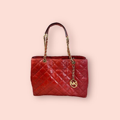 MICHAEL KORS Quilted Luxury Designer Red Leather Susannah Shoulder Tote Bag 