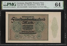 Germany 500,000 Mark 1923 PMG 64 UNC P#88b, Series 11AC, Republic Treasury Note