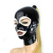Latex Hood w/ Gold Ponytail Wig Hair Back Zipper Rubber Mask for Fetish Clubwear