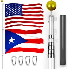 25Ft Telescoping Flagpole Silver & American and Puerto Rico Flags Emb 300D 3x5Ft