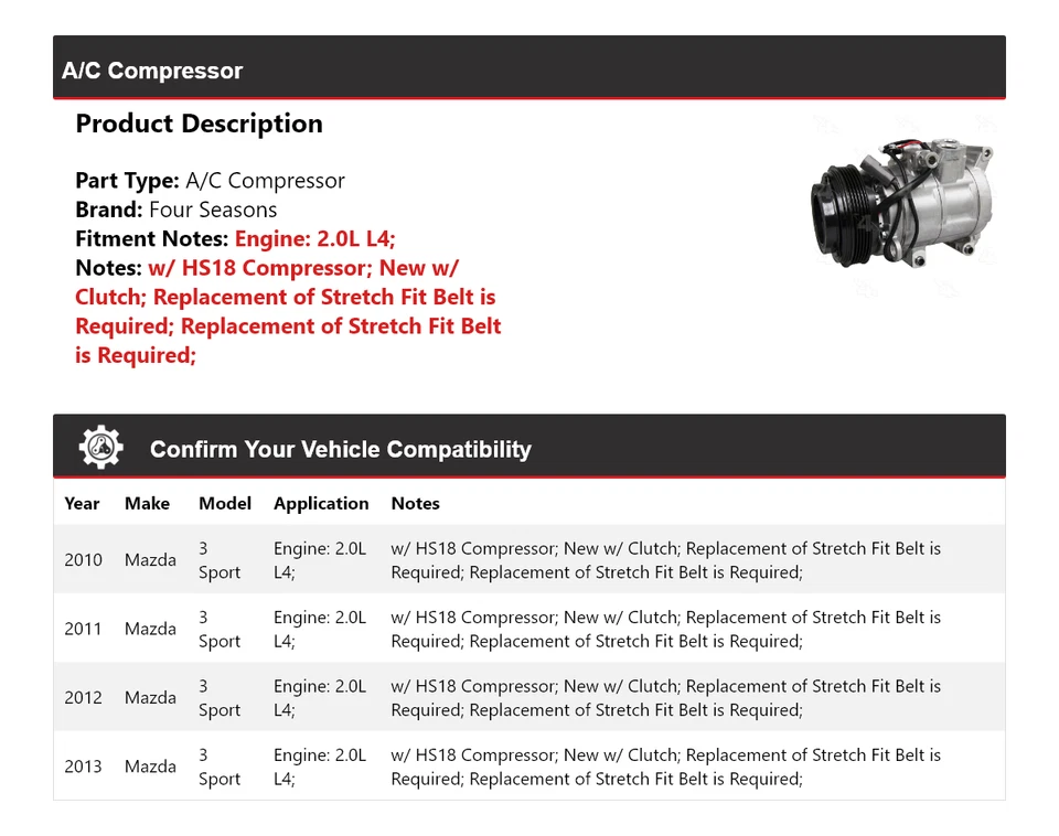 Compresor de aire acondicionado para Mazda 3 Sport 2010-2013 2,0 L L4 4 estaciones 2011 2012 Foto 2 de 4