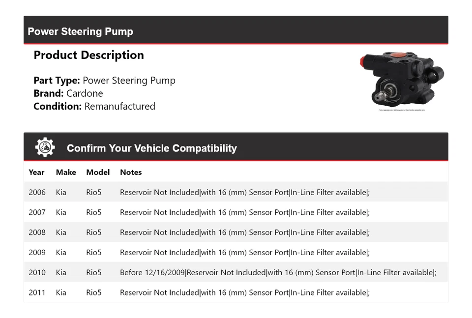 For 2006-2011 Kia Rio5 Power Steering Pump Cardone 2007 2008 2009 2010 - Image 2 of 4