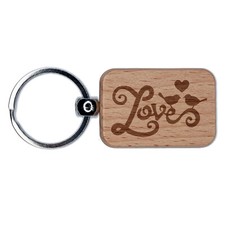 Love Birds on Text with Heart Engraved Wood Rectangle Keychain Tag Charm