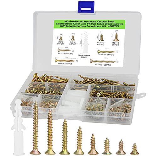 M3 Brass Coloured Screws for Wood Assortment Set 420 pcs, Galvanized