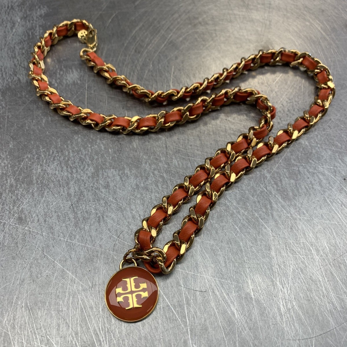 Tory Burch Orange Gold Leather Woven Chain Necklace Clasp