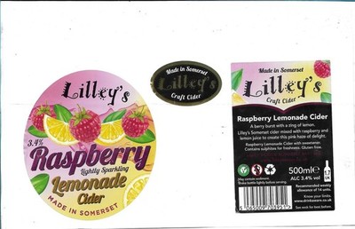 Cider label - Lilley's Raspberry + Lemonade cider (500ml size)
