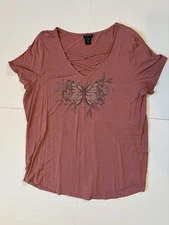 Torrid Shirt Womens Size 2 Blouse Cap Sleeve Pink Butterfly