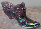 Fenton Art Glass Embossed Rose Slipper Shoe - Amethyst Carnival Glass