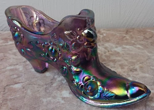 Fenton Art Glass Embossed Rose Slipper Shoe - Amethyst Carnival Glass