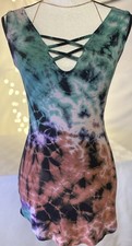 Blue Gecko Tie Dye Lace Up Mini Sleeveless Dress V-Neck Size S