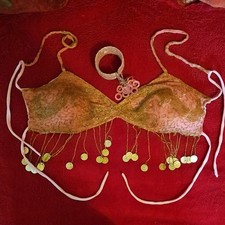 Pink Egyptian Hand Made Belly Dance Bra Top HIP Scarf Coin Detail Bracelet