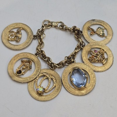 50s 60s Vintage Large Charm Bracelet Coins Glass Ballerina Seed Pearls READ