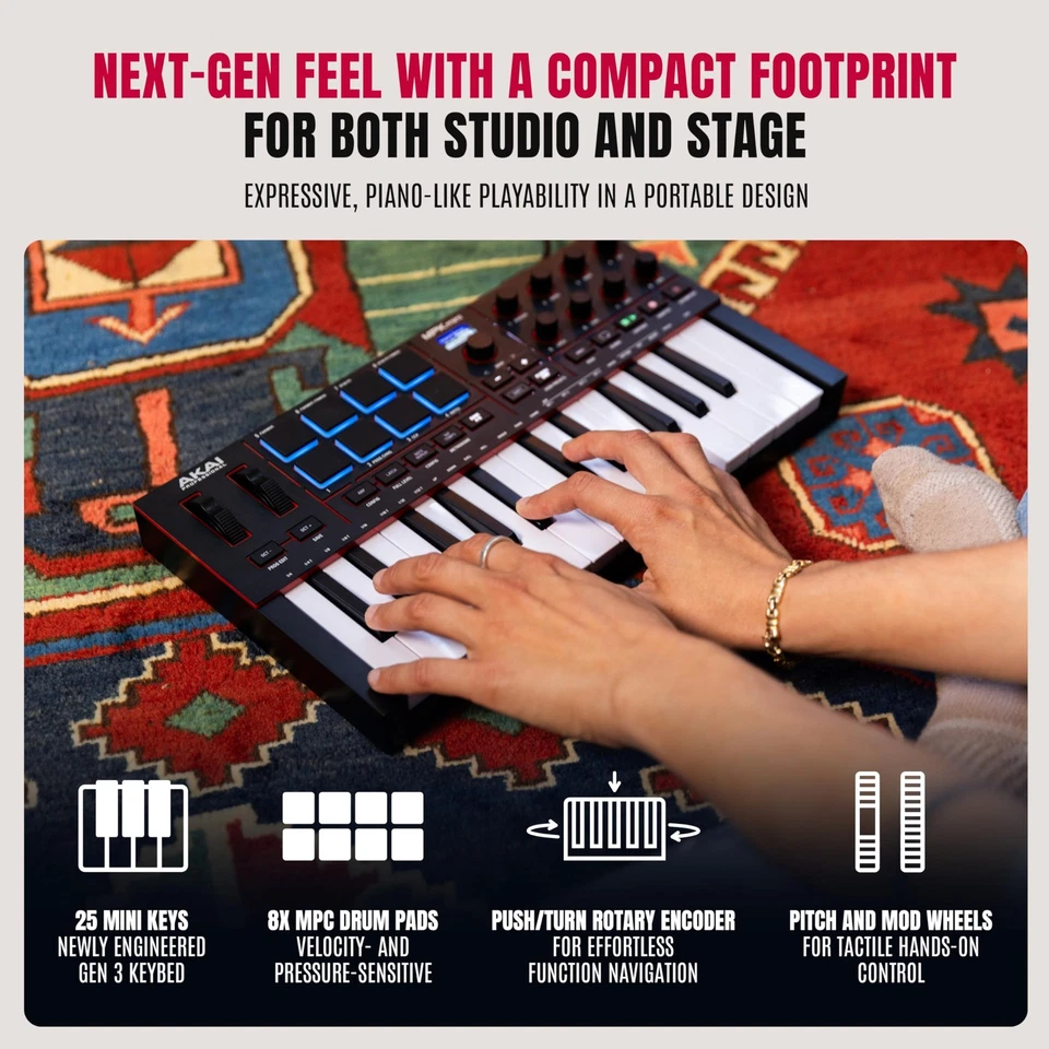 Akai MPK Mini IV USB-C MIDI Keyboard Controller - 25 Keys, MPC Pads, Software - Image 3 of 4