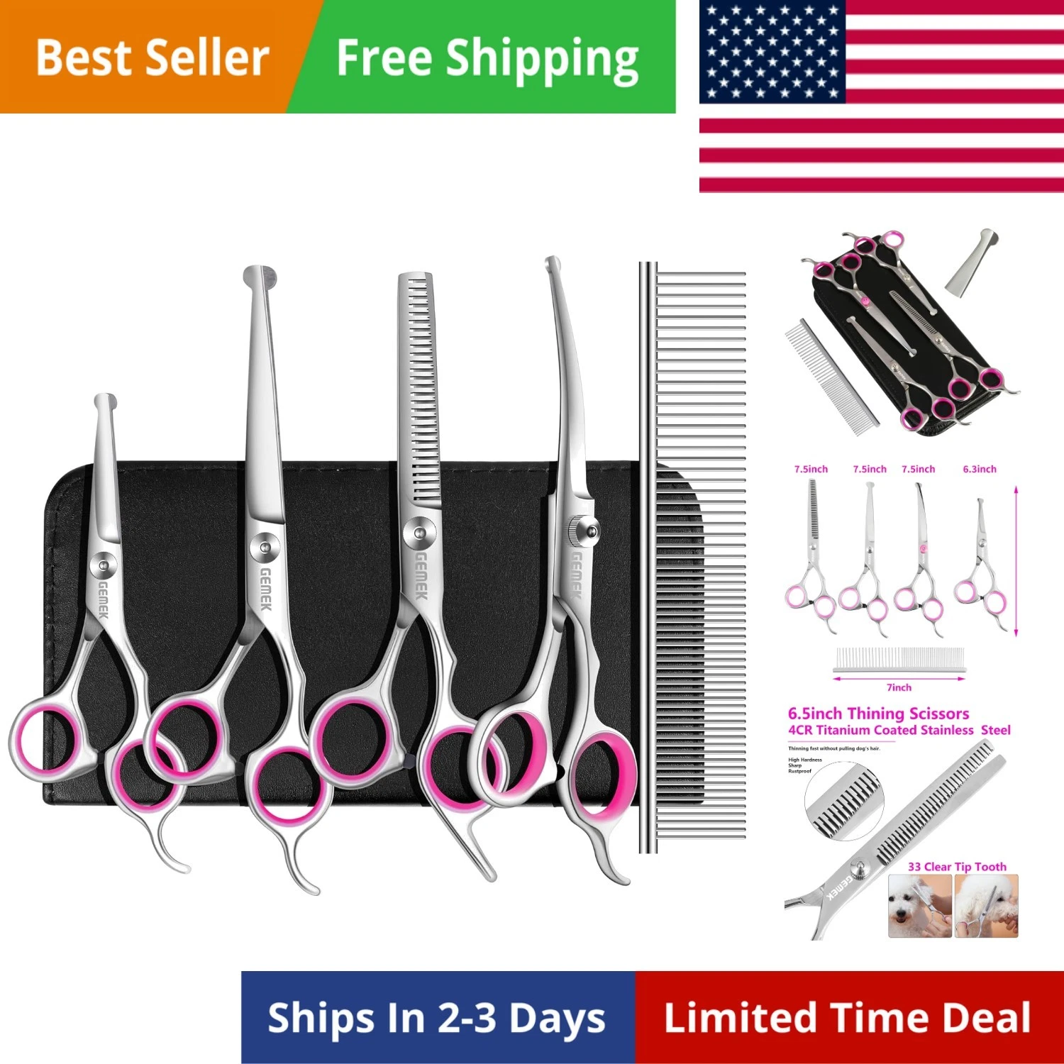 Dog Grooming Scissors Set, 4CR Stainless Steel Safety Round Tip Pet Professio...