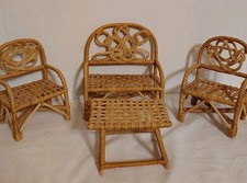 Vntg Handmade Wicker Set of 2 Rattan Chairs, Couch, & Table -Doll-Miniatures