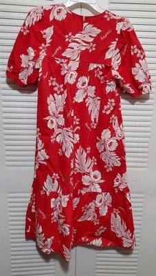Vintage Isana Casuals Hawaii Floral Red Maxi Ruffle Dress with Puff Sleeves