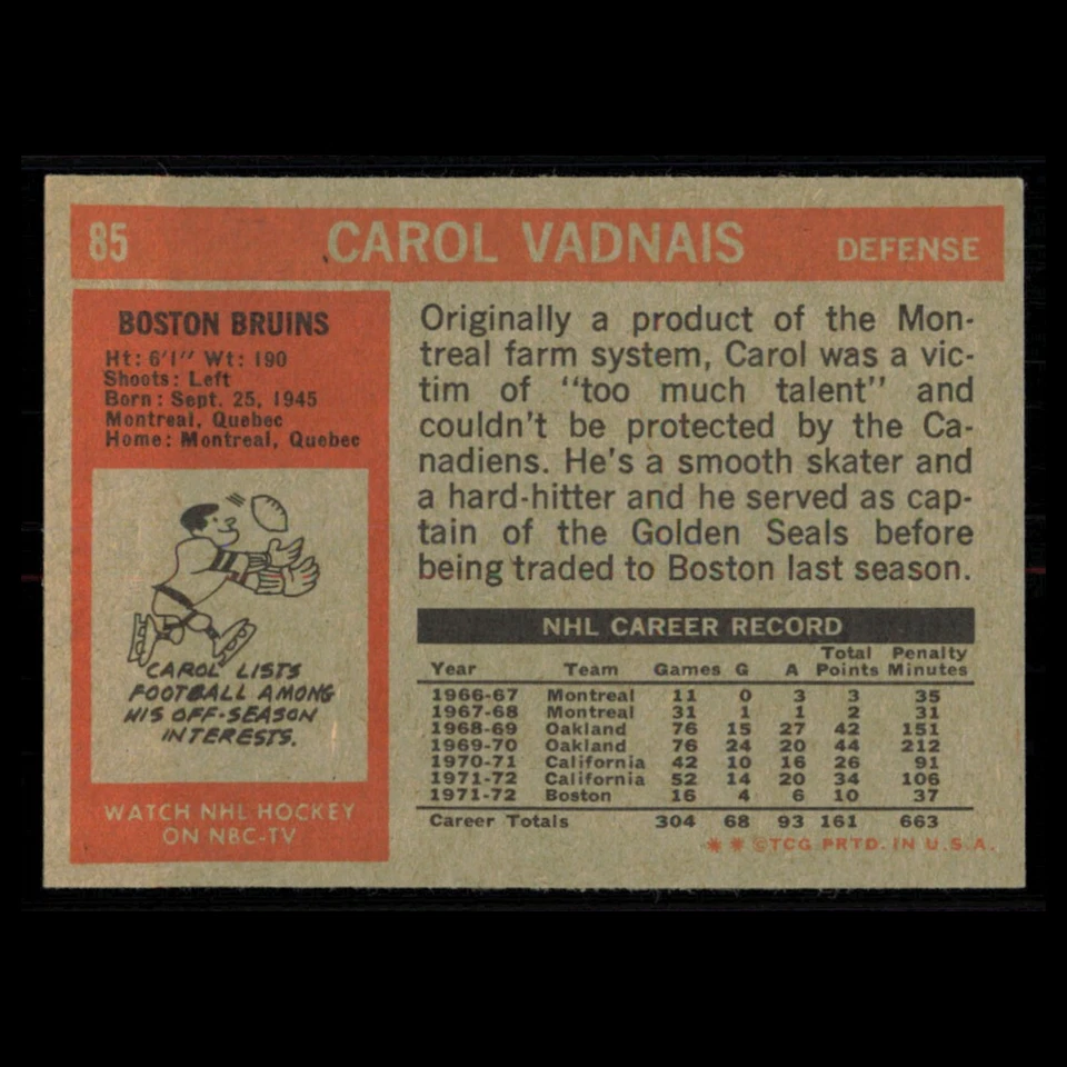 Carol Vadnais #85 1972 Topps Boston Bruins Hockey Card NHL NM - Image 2 of 3