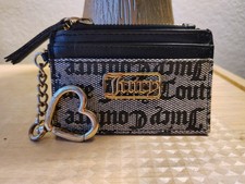 Juicy Couture Black White Logo Card Wallet Pouch w/ Zipper Chain Heart