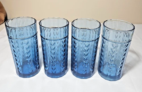 VTG Anchor Hocking Vertical Laurel Blue Glass Tumblers Set Of 4, 6.25" Retired