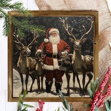 Retro Santa With Reindeer Wooden Sign For Festive Christmas Home Wall Ornament