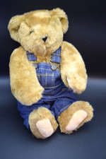 Vermont Teddy Bear Company Tan Jointed Bear in Dark Denim Overalls-LN