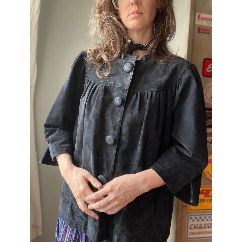 Vintage 90s Suede Jacket | Black Leather Swing Coat | Puff Sleeve Western | M/L - Image 3 of 4