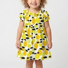 Tea Collection Girls Size 3 Yellow White Lemon Print Cotton Puff Sleeve Dress