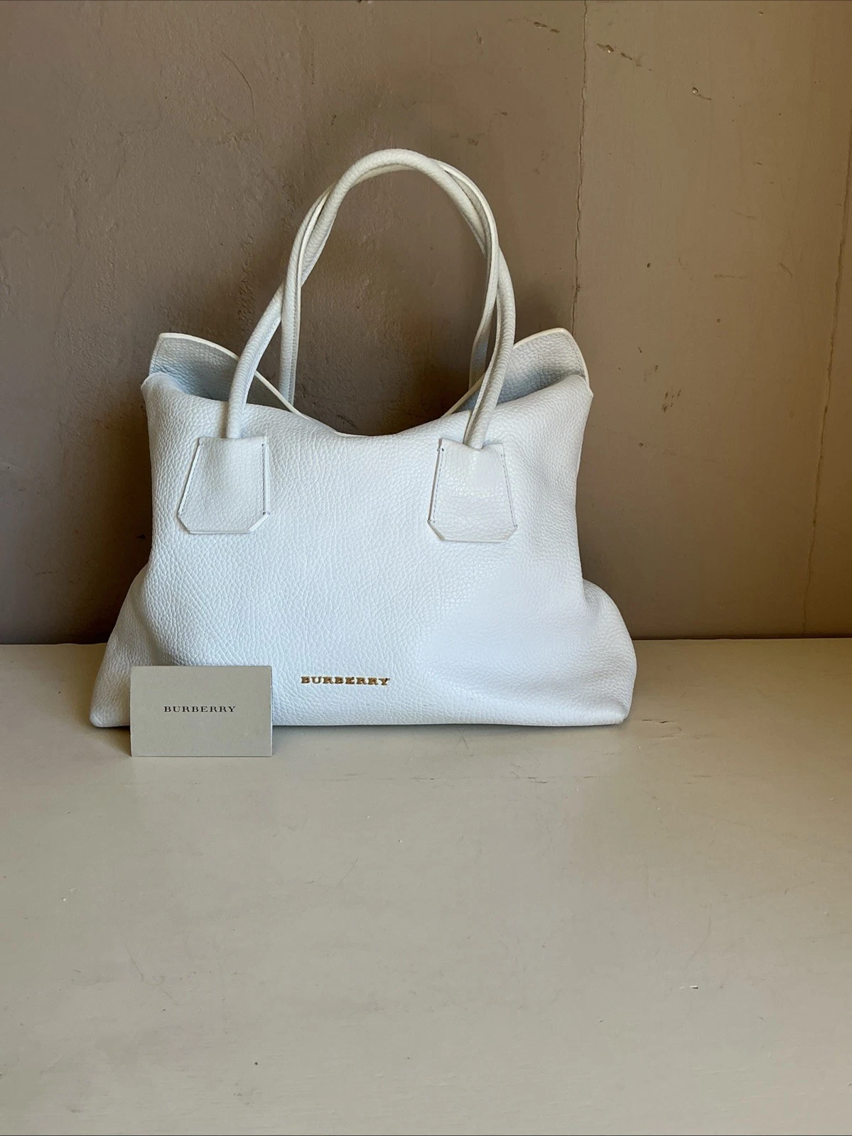 Burberry — Burberry Baynard Tote White Pebbled Calfskin Leather Shoulder Bag House Check