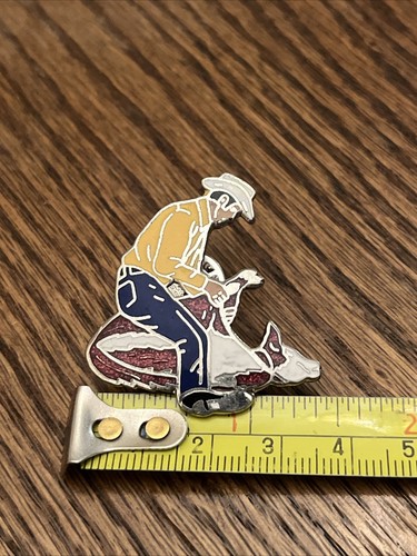 Vintage Cowboy Tying Up Rodeo Brown Bull Enamel Lapel Pin FREE SHIPPING