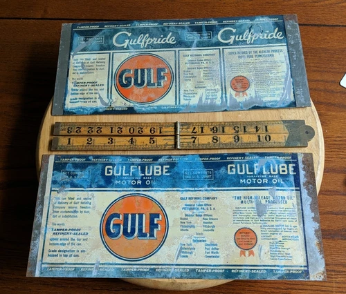 Gulf Lube Oil & Pride Unrolled lot x2 Vtg flat factory Quart Can Advertise sign