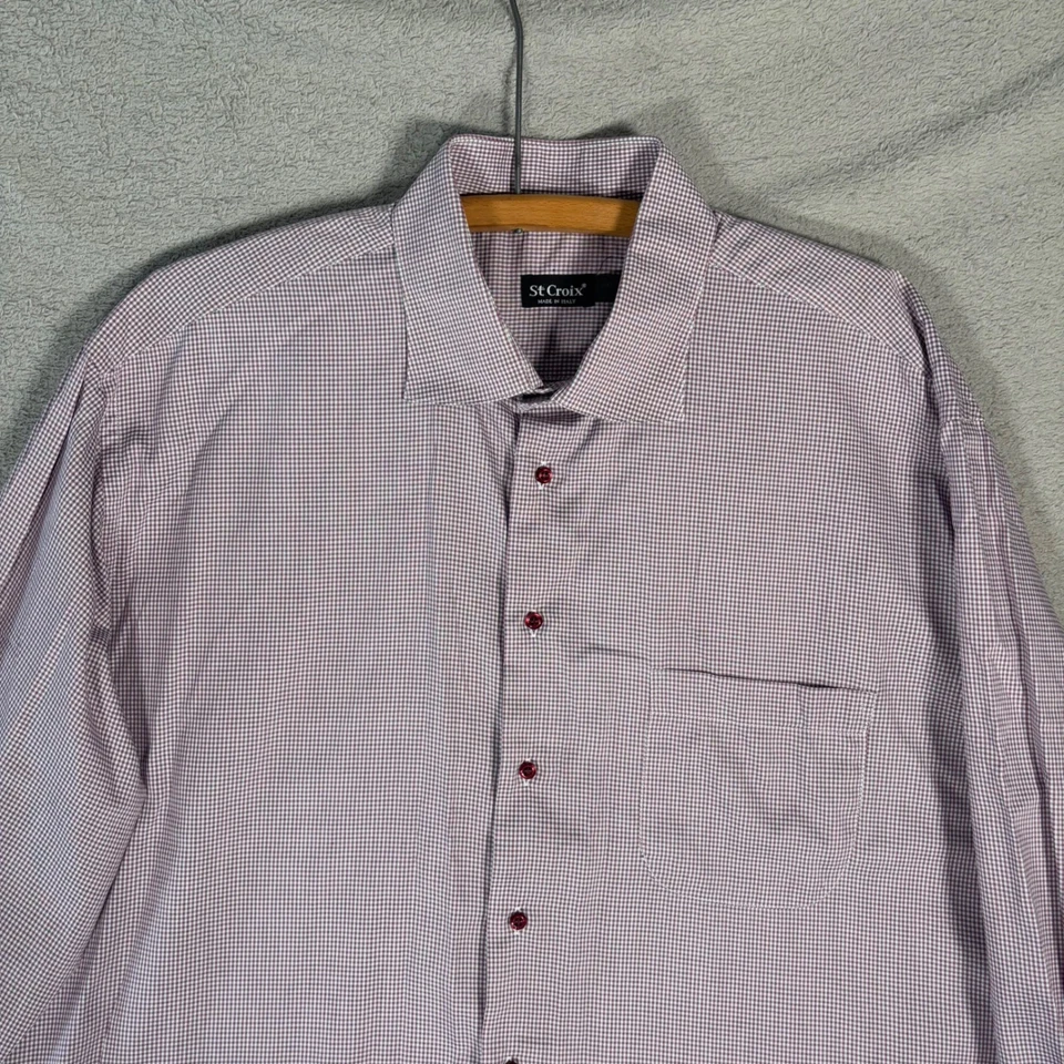 Camisa de Vestir St Croix Abotonada Para Hombre XXL Manga Larga Borgoña Cuadros Hecha en Italia Foto 4 de 4