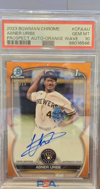 2023 Bowman Chrome Abner Uribe 04/25 1st Bowman Auto Orange Wave - PSA 10 GEM